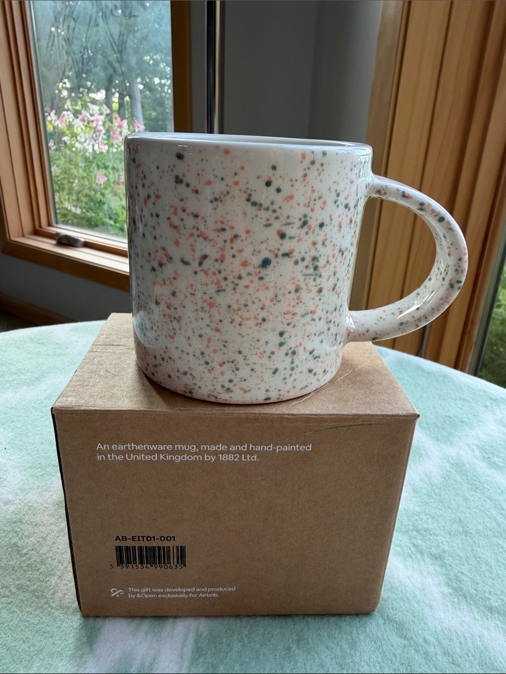 NEW Hand painted Speckled Ceramic Mug in White with Green & Coral Flecks - Picture 2 of 8